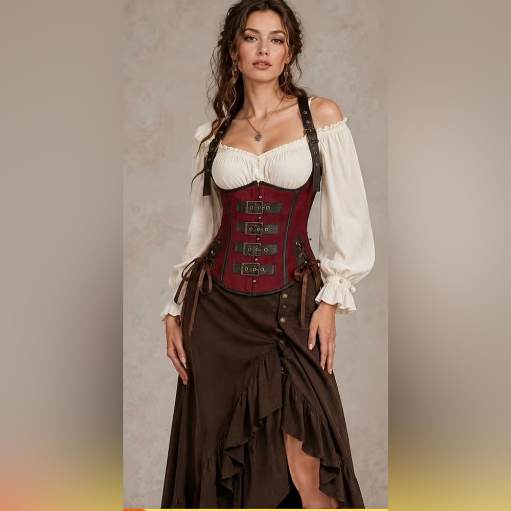 Gothic Red Faux Leather Suede Halter Underbust Buckle Steampunk Underbust Corset
